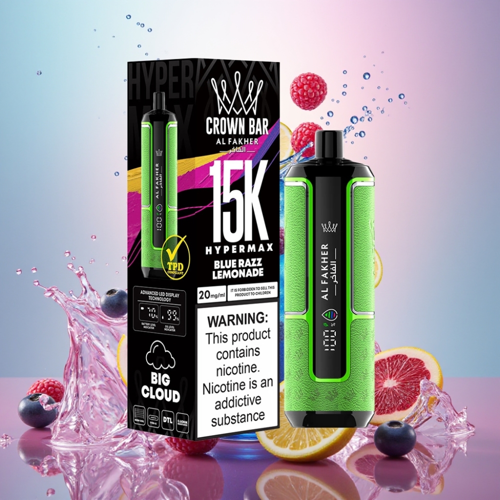 Al Fakher Crown Bar 15K Hypermax Engangs Vape Kit Blå Bringebær Sitron Norge Engros 22ml 600mAh Type-C