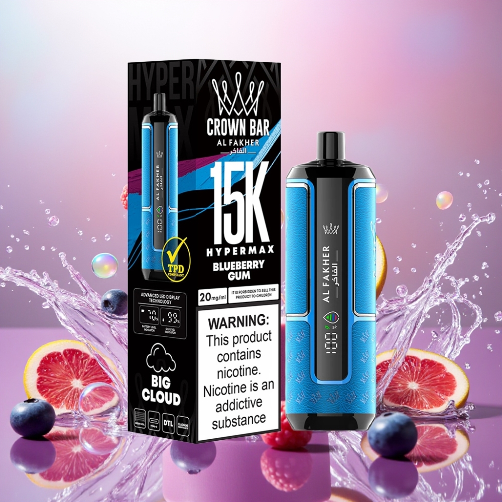 Al Fakher Crown Bar 15K Hypermax Norge Engros 22ml 600mAh Type-C Blåbærtregg