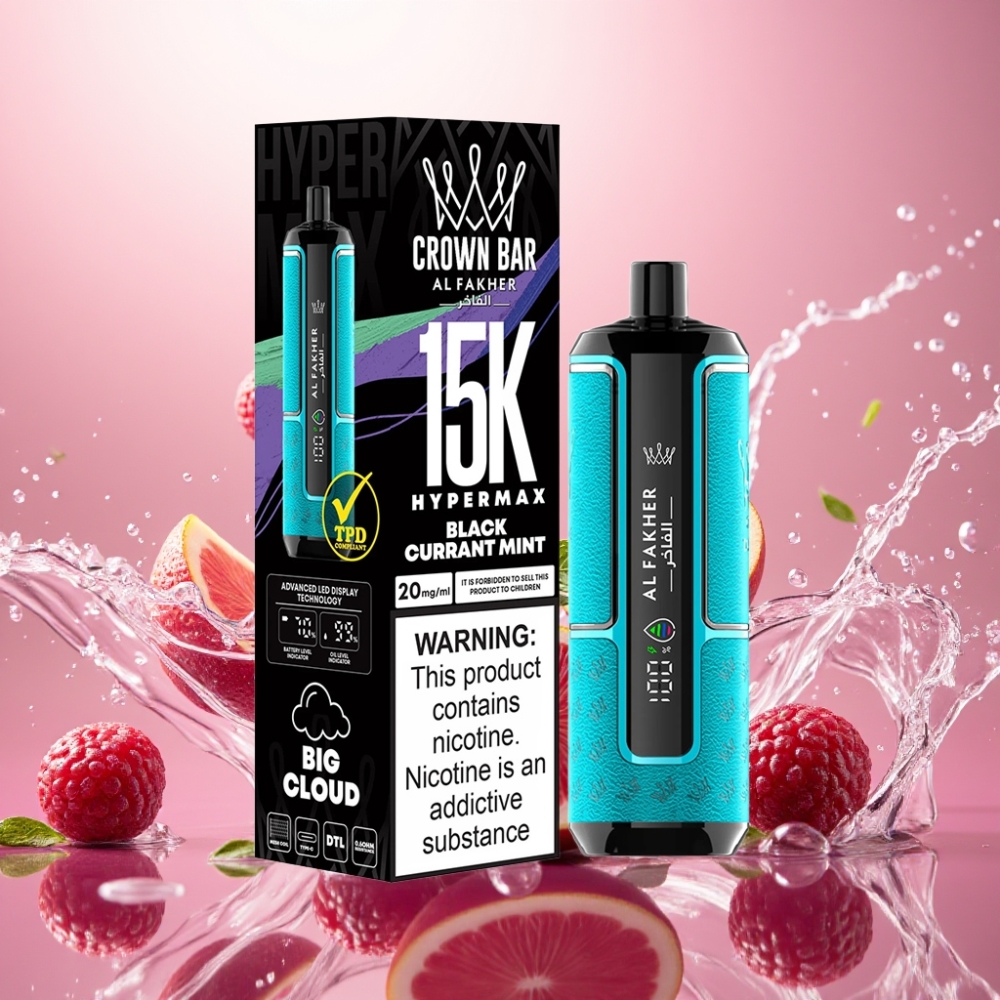 Al Fakher Crown Bar 15K Hypermax Norge Engros 22ml 600mAh Type-C Svartkrusbær Mynte
