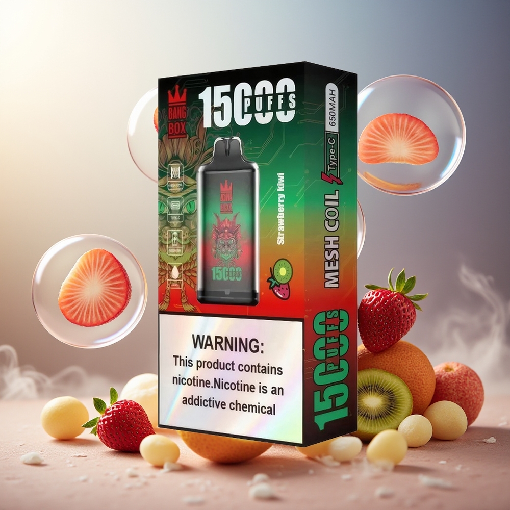 Bang Box King 15000 Puffs Norge Engros E-liquid 23ml 0-5% Nikotin TYPE-C Batteri 650mAh Jordbær Kiwi