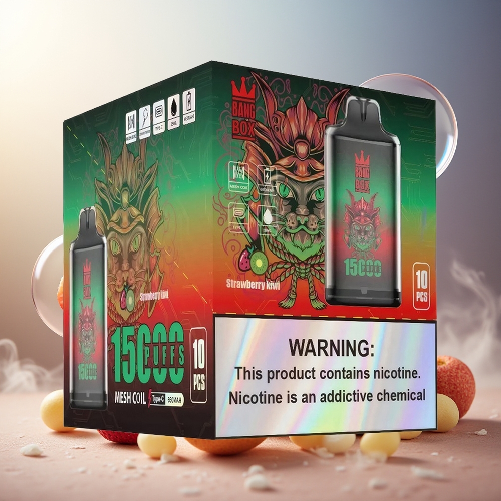 Bang Box King 15000 Puffs Norge Engros E-liquid 23ml 0-5% Nikotin TYPE-C Batteri 650mAh Jordbær Kiwi