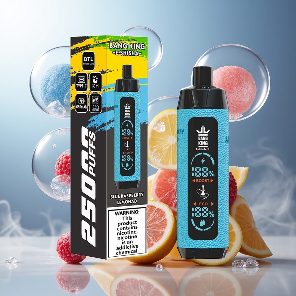 Bang King Shisha 25000 Puffs Norge Engros Blå Bringebær Sitron Typ-C 30ml 650mAh Mesh 0.6 Ohm