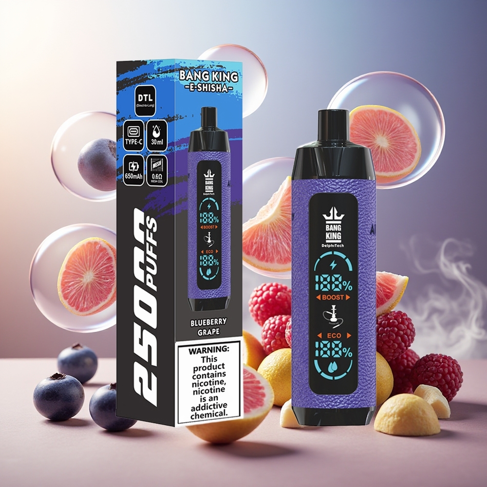 Bang King Shisha 25000 Puffs Norge Engros Blåbær Drue 30ml 650mAh Type-C 0.6 Ohm