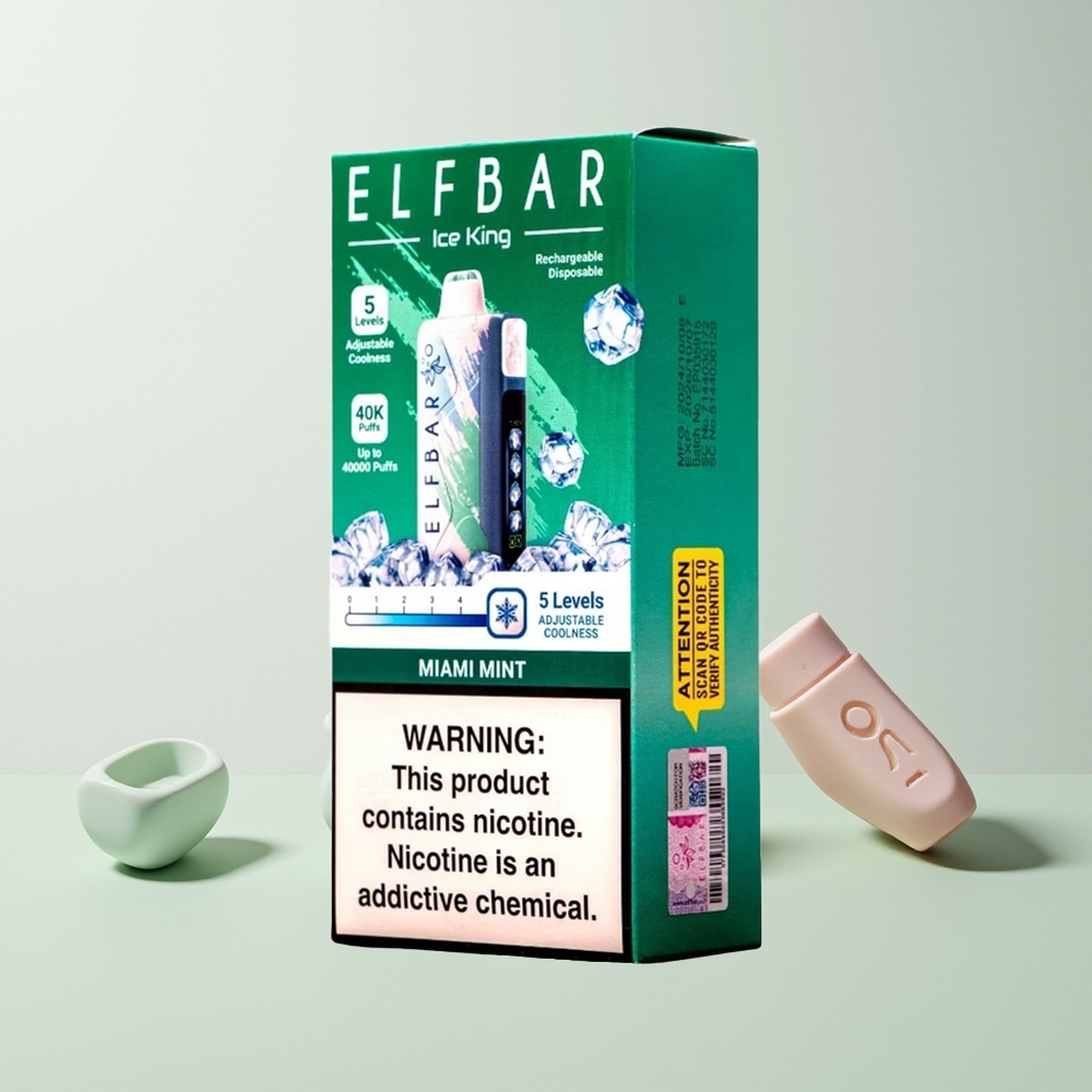 ELF BAR Ice King 40000 Puffs 20ml 5% Nikotin 850mAh Justerbart Kjøling Miami Mynte Norge Engros