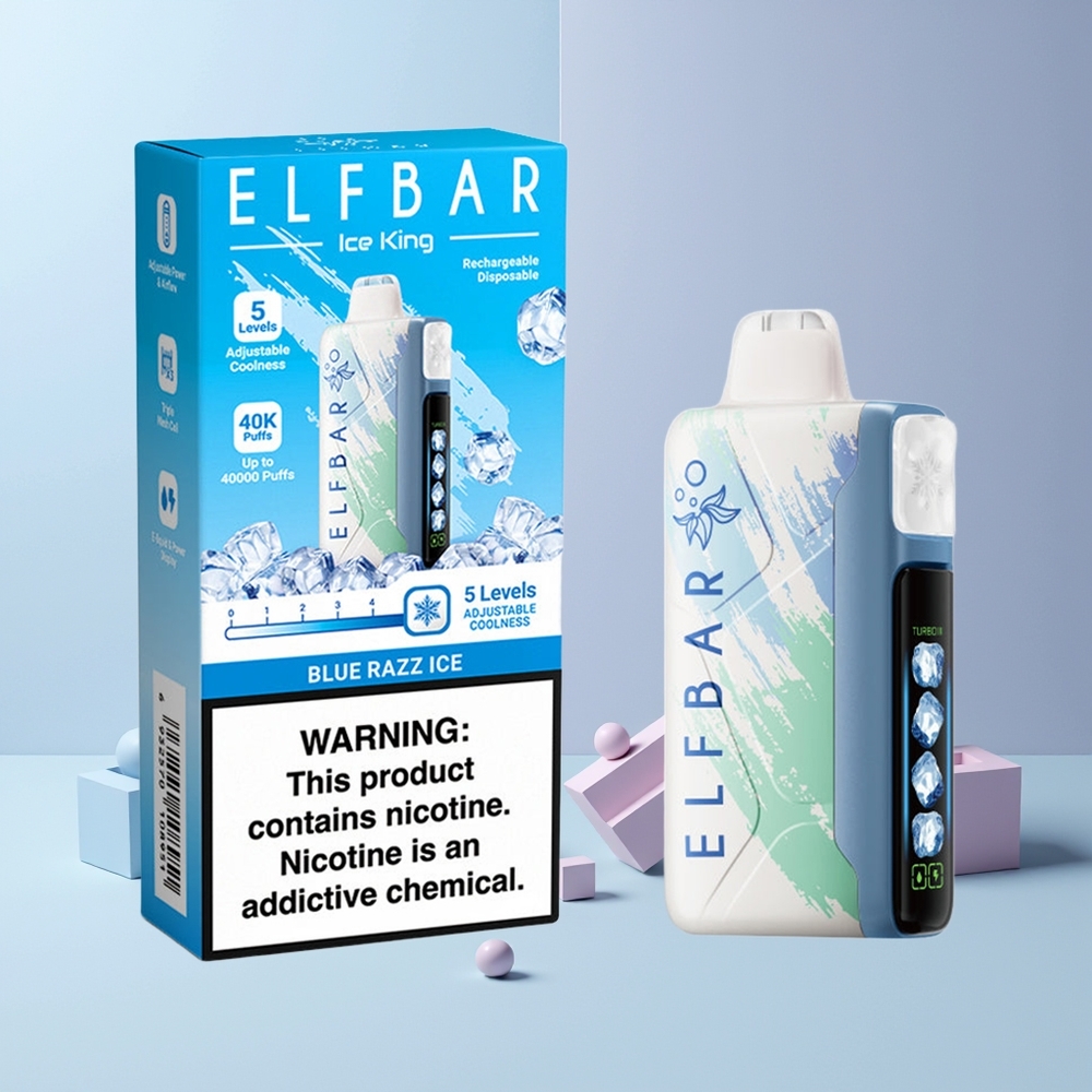 ELF BAR Ice King 40000 Puffs Blå Bringebær Is Norge Engros med LCD Skjerm og Justerbar Kjøling