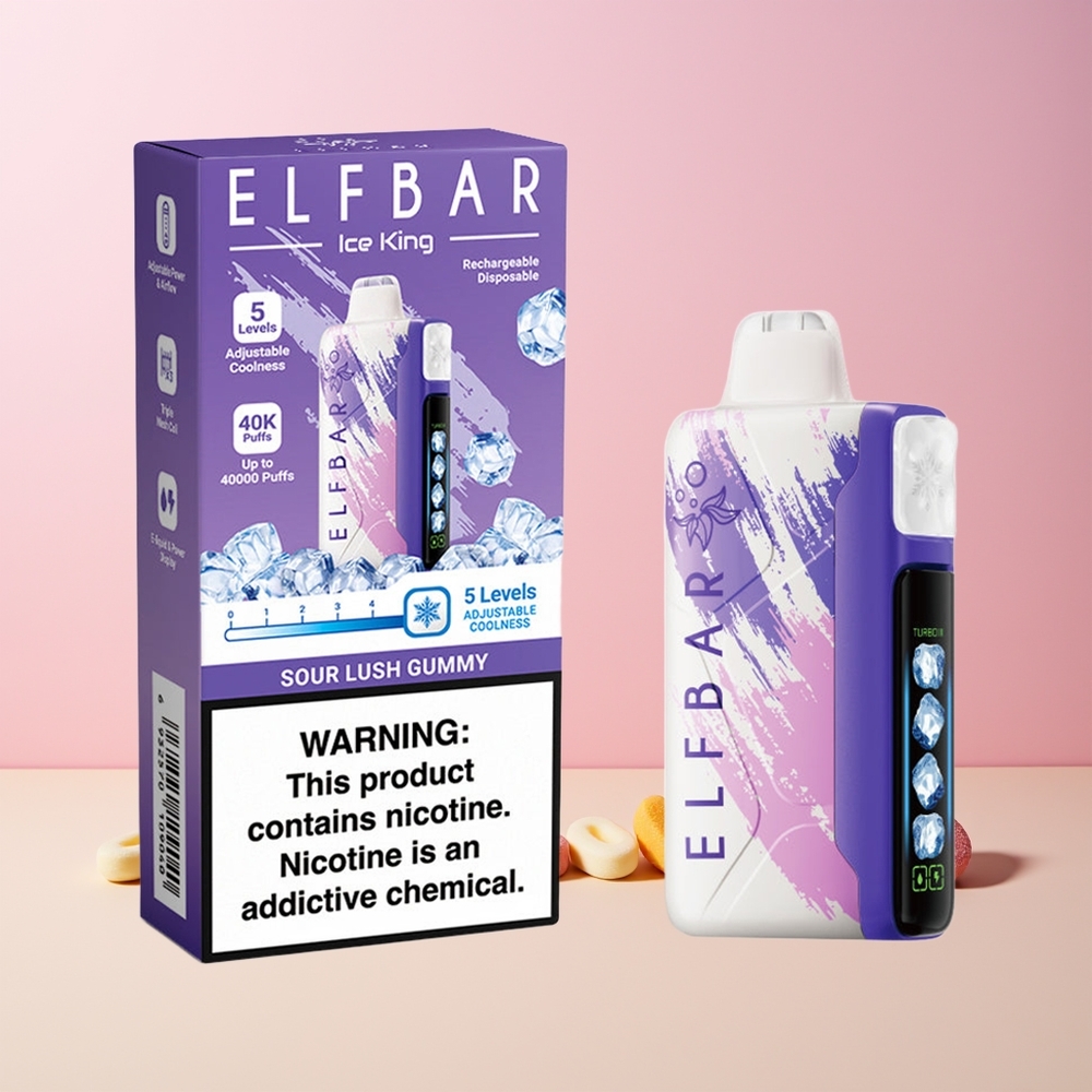 ELF BAR Ice King 40000 Puffs Justerbar Kjøling Norge Engros Sur Lush Gummy LCD Skjerm