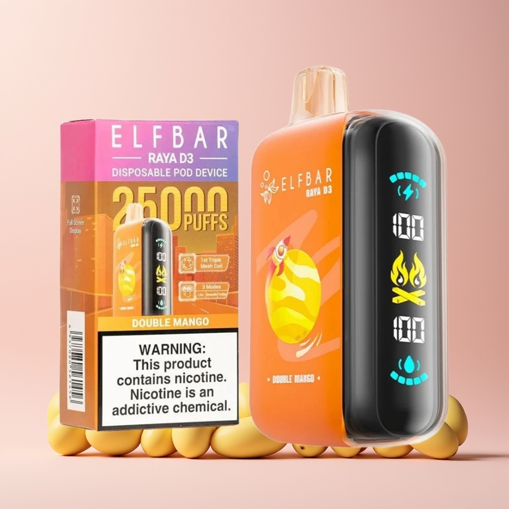 ELF BAR RAYA D3 25000 Puffs Engangs Vape Dobbel Mango Norge Engros 850mAh Type-C Skjerm