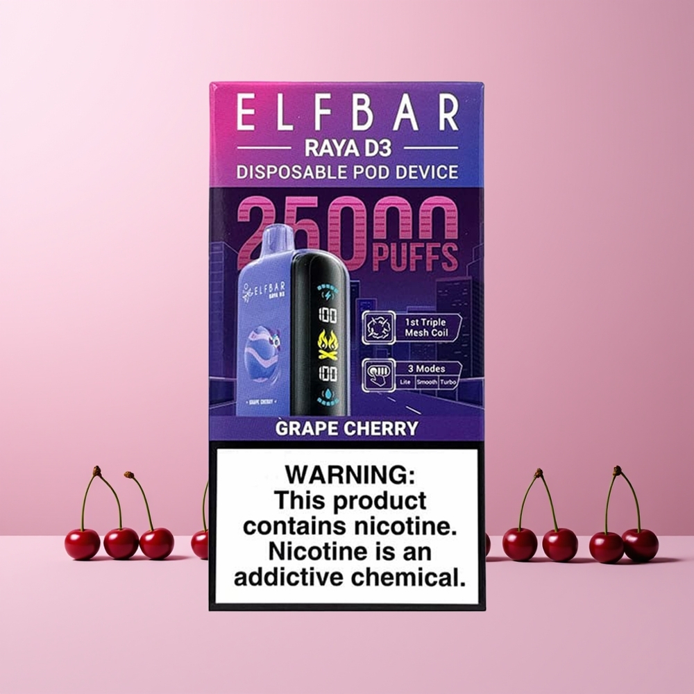 ELF BAR RAYA D3 25000 Puffs Engros Norge Oppladbar Type-C 23ml Drupe Kirsebær