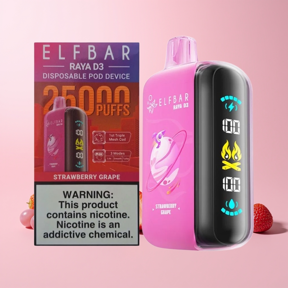 ELF BAR RAYA D3 25000 Puffs Norge Engros Oppladbar Jordbær Drue Type-C Skjerm 23ml