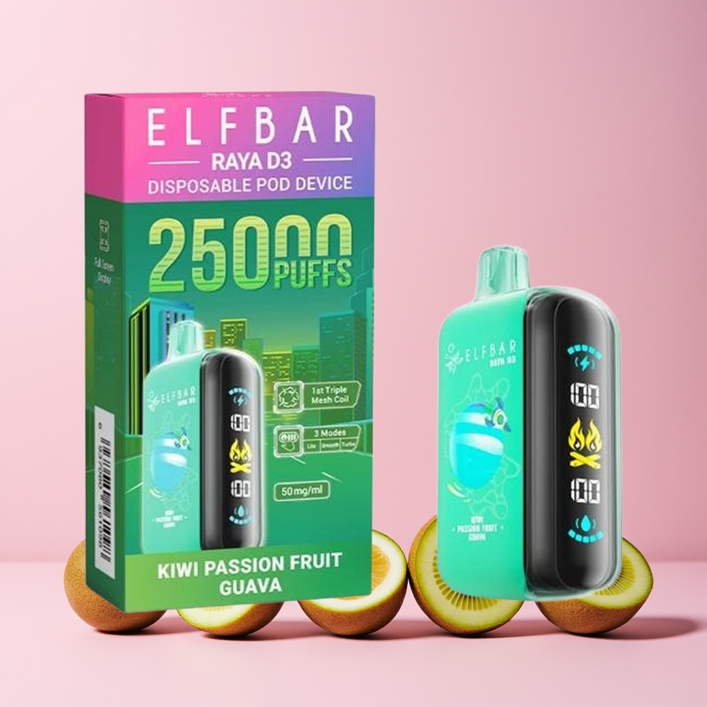 ELF BAR RAYA D3 25000 Puffs Norge Engros Oppladbar Kiwi Pasjonsfrukt Guava Type-C Skjerm 23ml