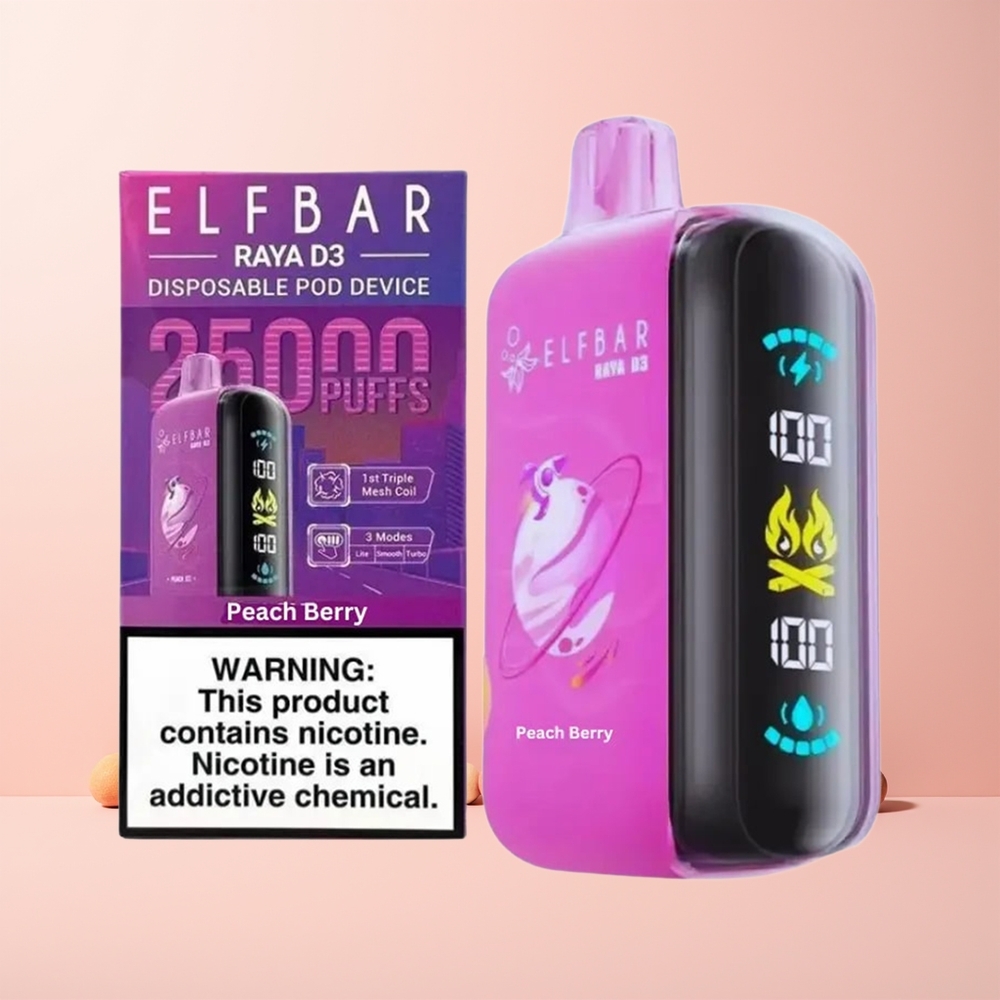ELF BAR RAYA D3 25000 Puffs Norge Engros Oppladbar Type-C 23ml 5% Fersken Bær