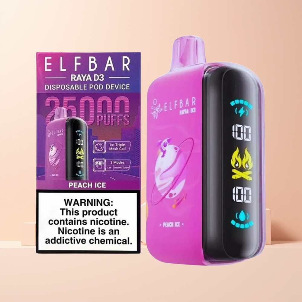 ELF BAR RAYA D3 25000 Puffs Norge Engros Oppladbar Type-C Stort Skjerm Fersken Is