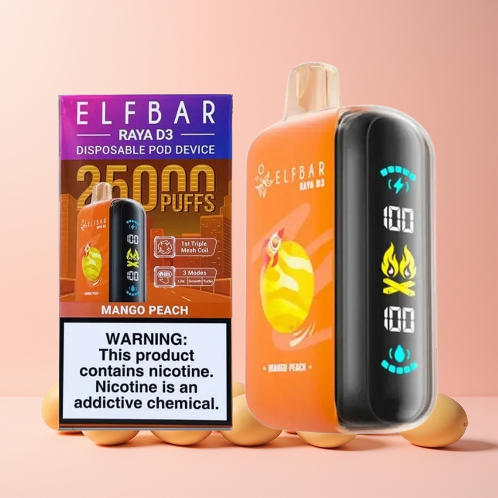 ELF BAR RAYA D3 25000 Puffs Oppladbar Type-C Skjerm Norge Engros Mango Fersken