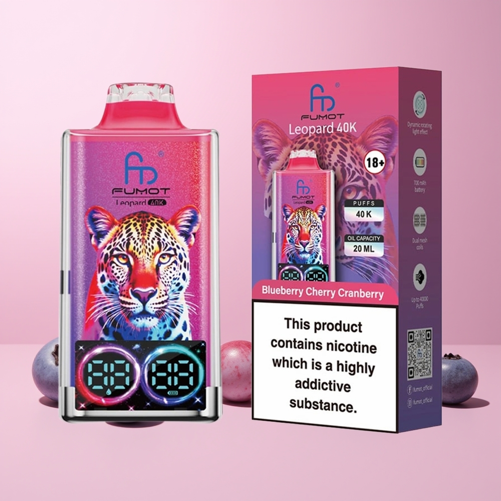 Fumot Leopard 40K Puffs 5% Nicotine Dual Mesh Norge Engros Blåbær Kirsebær Tranebær