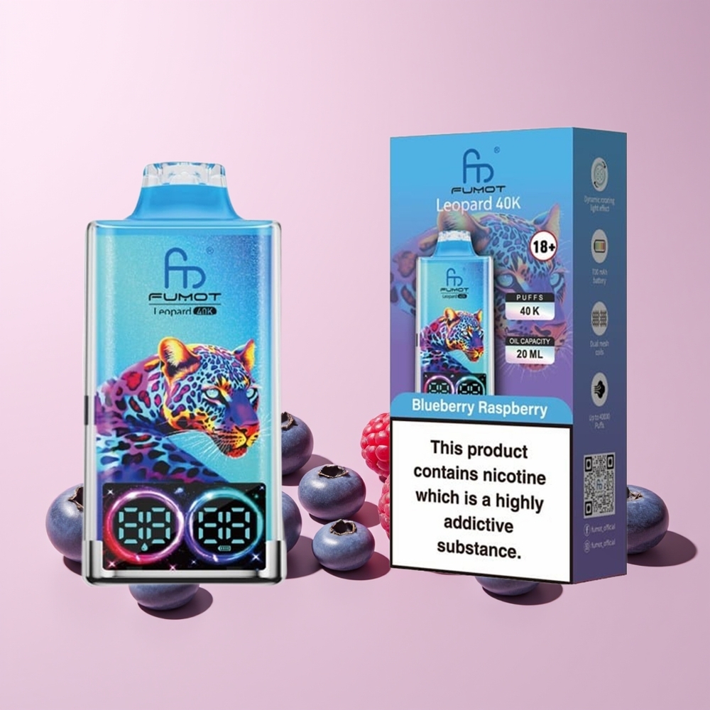 Fumot Leopard 40K Puffs Norge Engros 5% Nicotine Dual Mesh Blåbær Bringebær Type-C Digital Display
