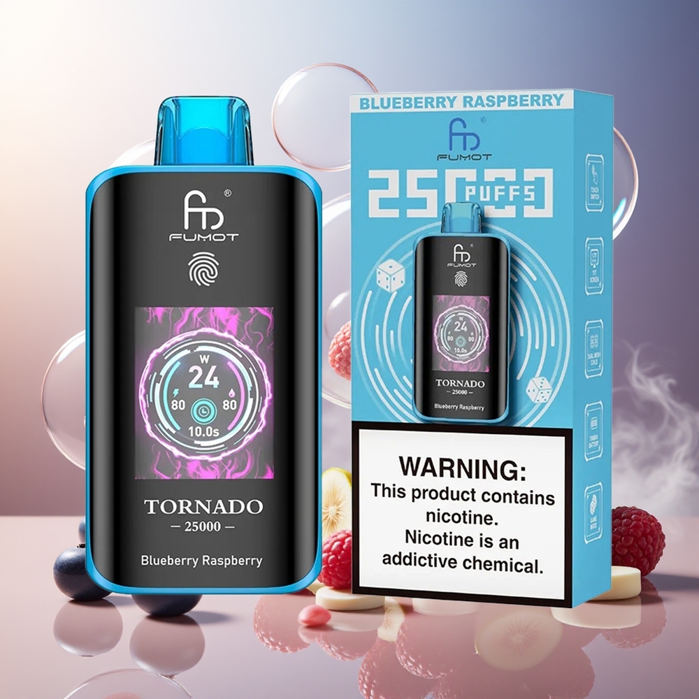 Fumot Tornado 25000 Puffs HD Skjerm 700mAh 20ml Blåbær Bringebær Norge Engros