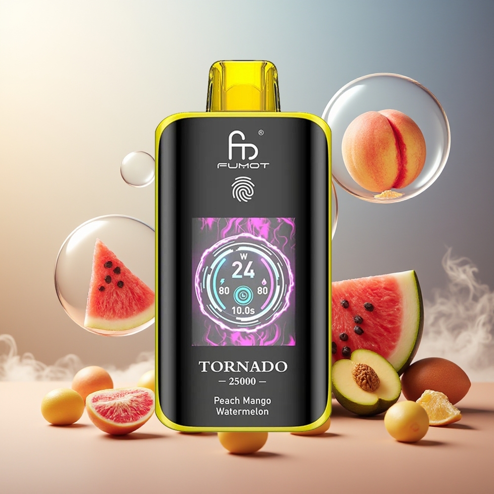 Fumot Tornado 25000 Puffs HD Skjerm 700mAh 20ml Fersken Mango Vannmelon Norge Engros
