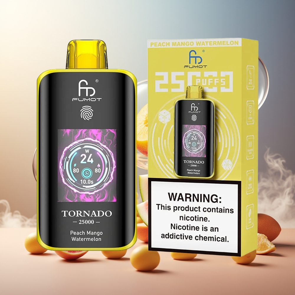 Fumot Tornado 25000 Puffs HD Skjerm 700mAh 20ml Fersken Mango Vannmelon Norge Engros
