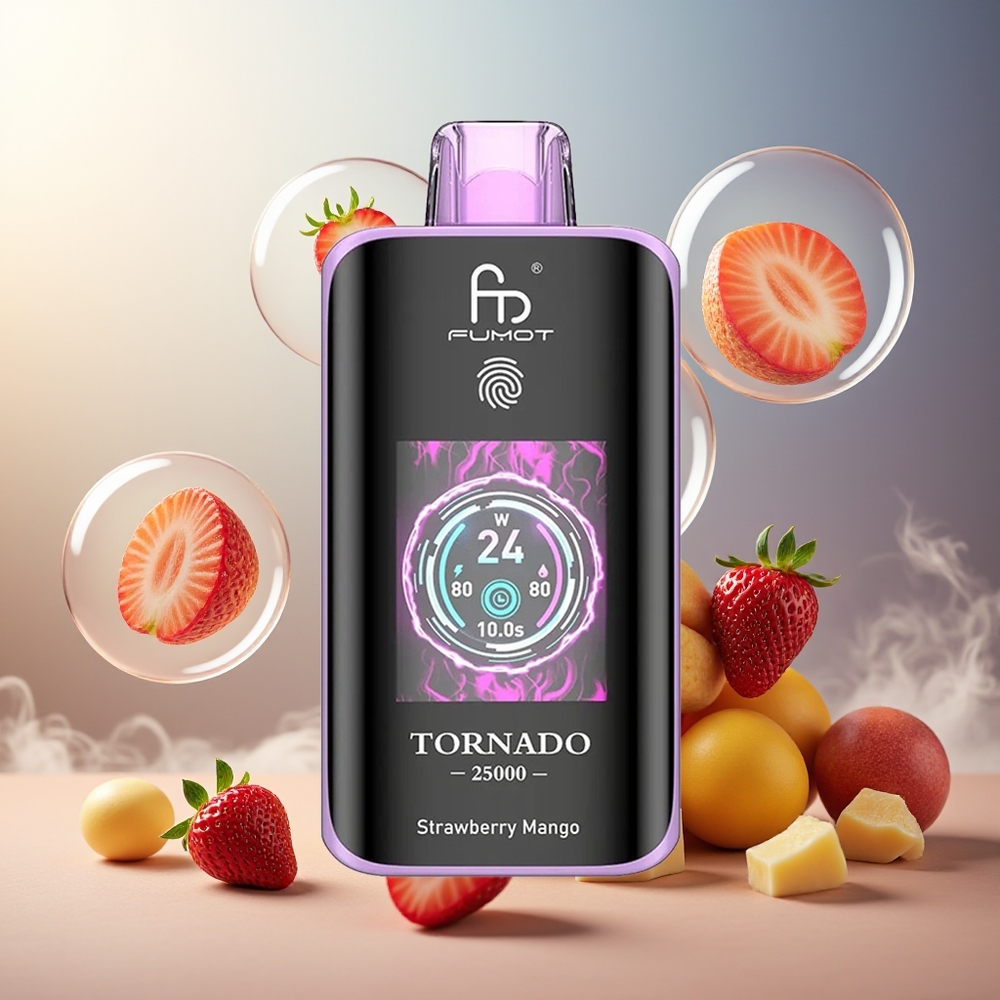 Fumot Tornado 25000 Puffs HD Skjerm 700mAh 20ml Jordbær Mango Norge Engros