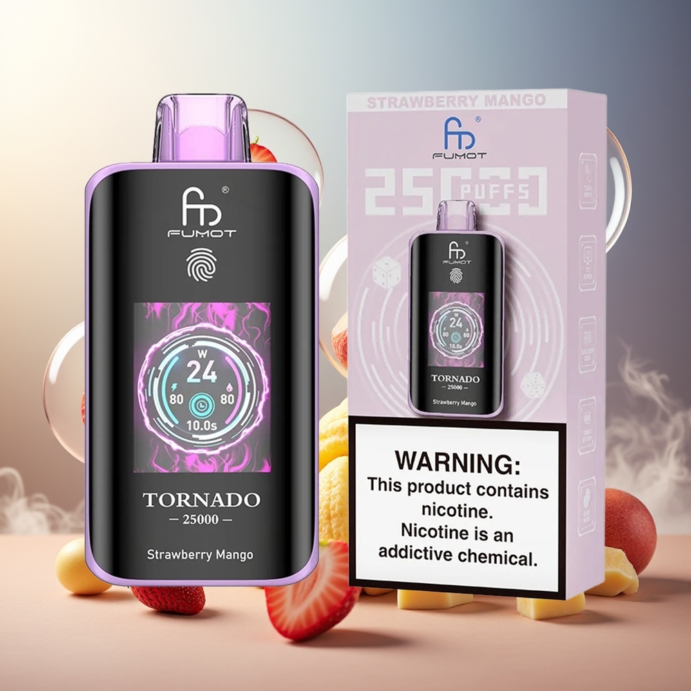 Fumot Tornado 25000 Puffs HD Skjerm 700mAh 20ml Jordbær Mango Norge Engros
