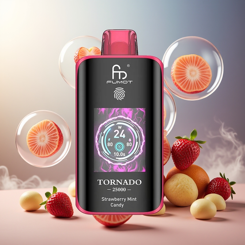 Fumot Tornado 25000 Puffs HD Skjerm 700mAh 20ml Jordbær Mynte Norge Engros