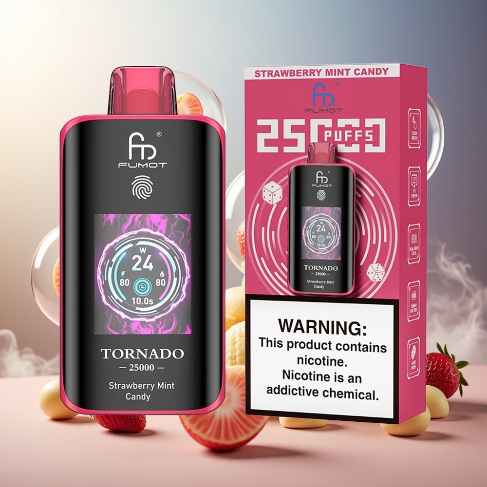 Fumot Tornado 25000 Puffs HD Skjerm 700mAh 20ml Jordbær Mynte Norge Engros