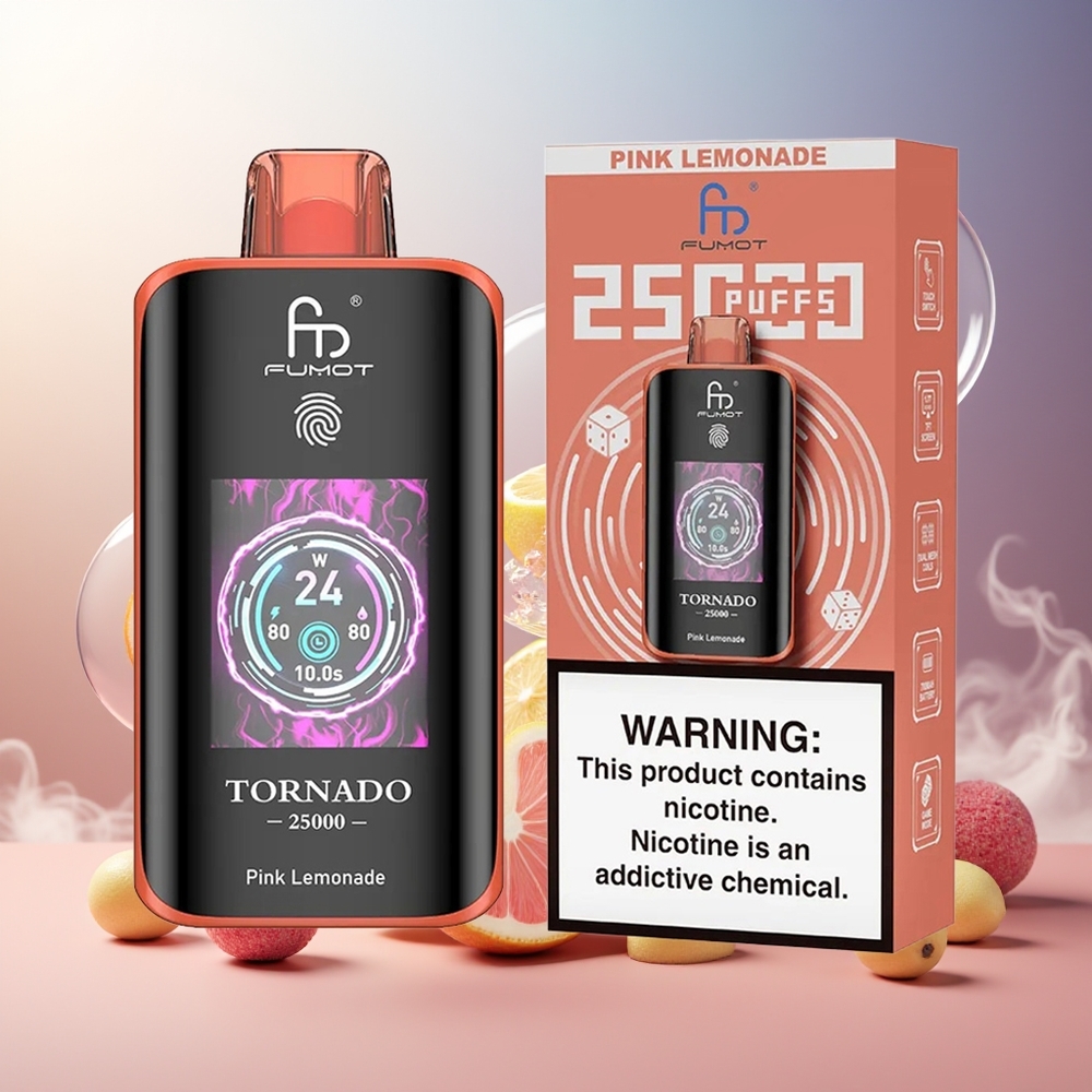 Fumot Tornado 25000 Puffs HD Skjerm 700mAh 20ml Type-C Rosa Sitron Norge Engros