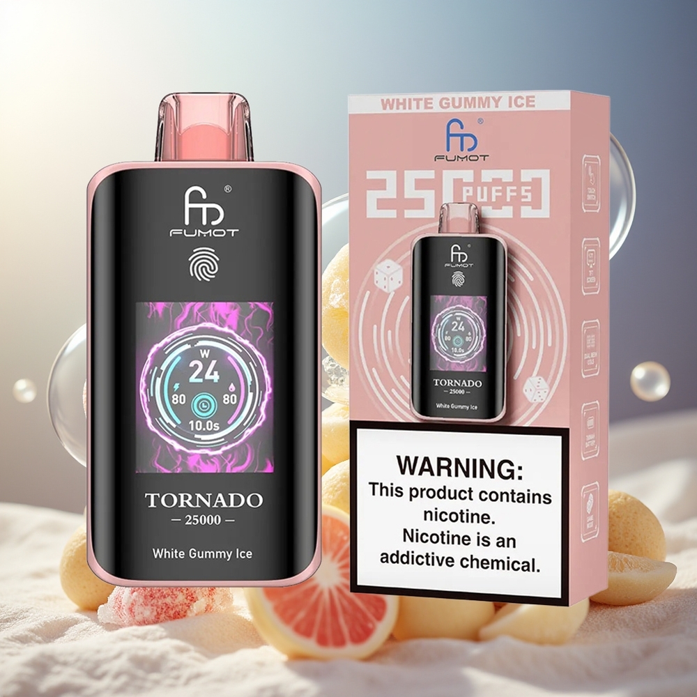 Fumot Tornado 25000 Puffs HD Skjerm 700mAh Ladebar 20ml Hvit Gummy Is Norge Engros