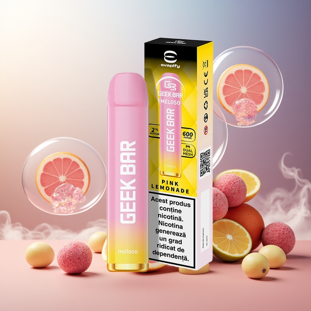 GEEK BAR Meloso 600 Puffs 20mg 2ml 550mAh Rosa Sitronade Norge Engros