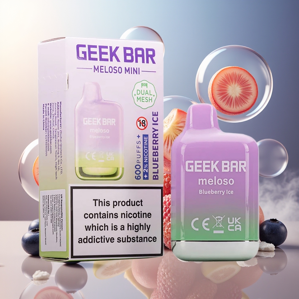 GEEK BAR Meloso Mini 600 Puffs Norge Engros Blåbær Is 550mAh 2ml 50VG/50PG Dual Mesh 20mg Auto Draw