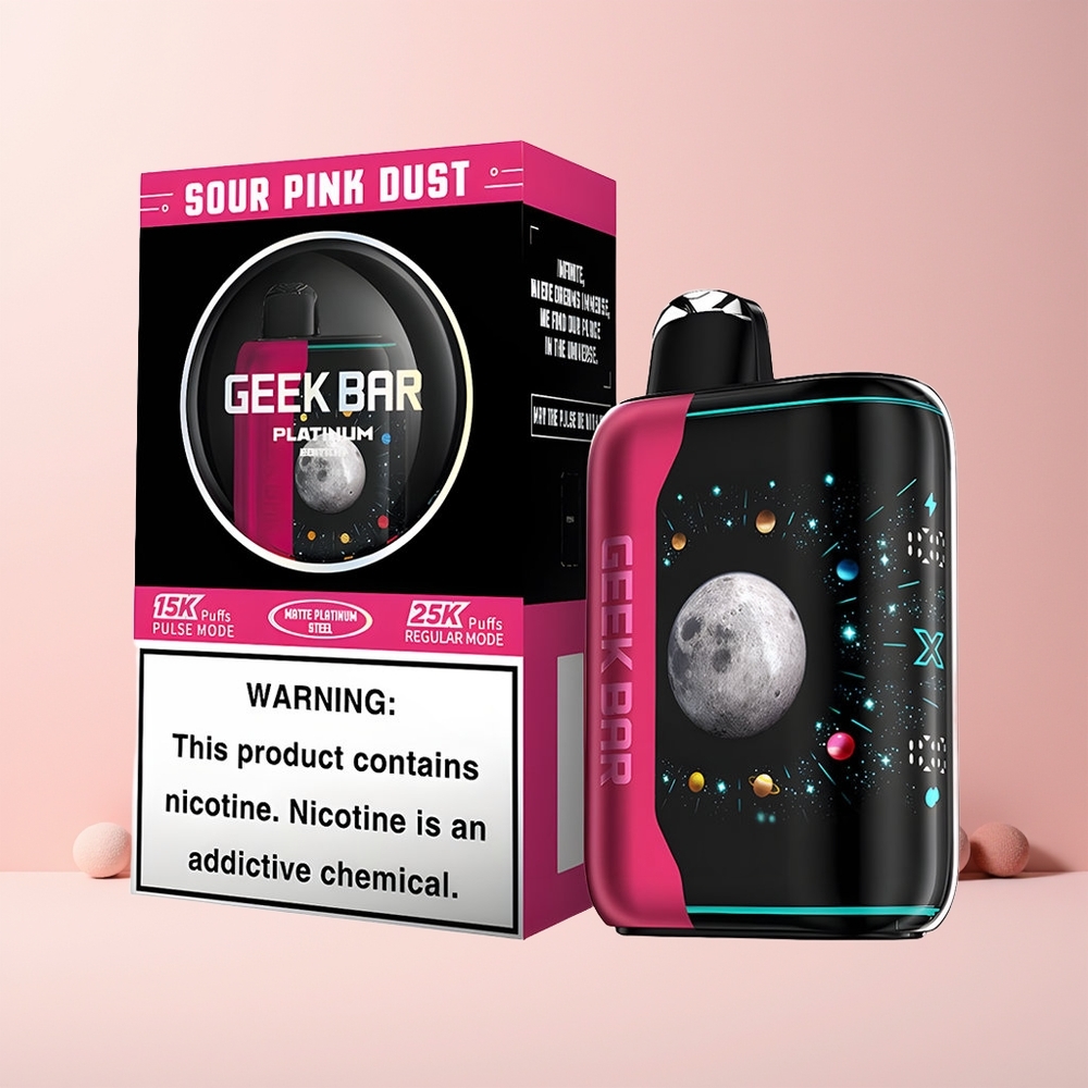 GEEK BAR Platinum Edition 25000 Norge Engros Premium Matte Stål Dynamisk Skjerm Sur Rosa Støv 20mL 2% Nikotin