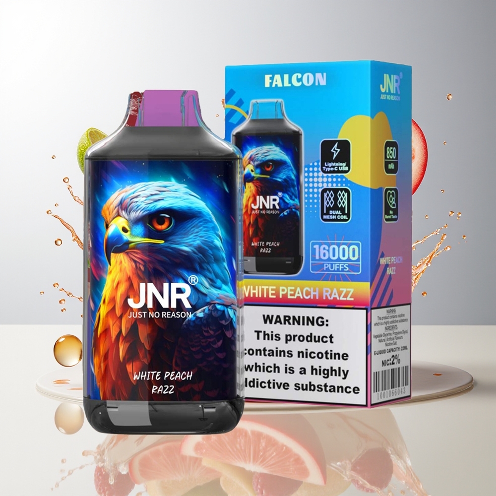 JNR Falcon 16000 Puffs 850mAh 22ml Dual Mesh Coil Hvit Fersken Bringebær Norge Engros
