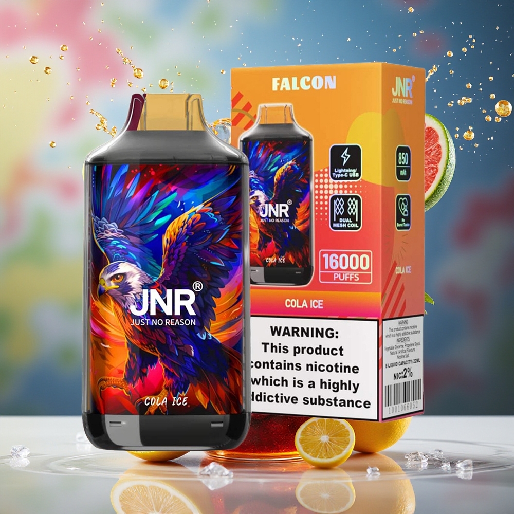 JNR Falcon 16000 Puffs 850mAh 22ml Dual Mesh Coil Type C & LED Display Cola Is Norge Engros