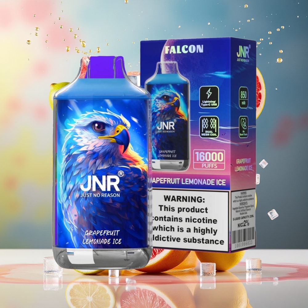 JNR Falcon 16000 Puffs 850mAh 22ml Dual Mesh Coil Type C/Lightning Smart LED 0/2% Norge Engros Grapefrukt Lemonade Is