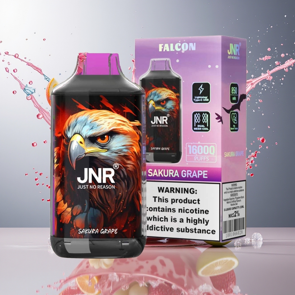 JNR Falcon 16000 Puffs 850mAh 22ml Dual Mesh Coil Type C & Lightning Smart LED 0% 2% Sakura Drue Norge Engros