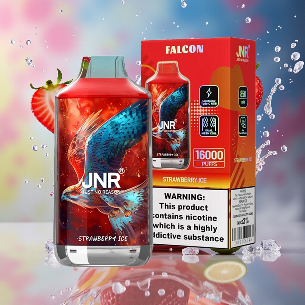 JNR Falcon 16000 Puffs 850mAh 22ml Dual Mesh Coil Type C & Lightning Smart LED Display 0%2% Jordbær Is Norge Engros
