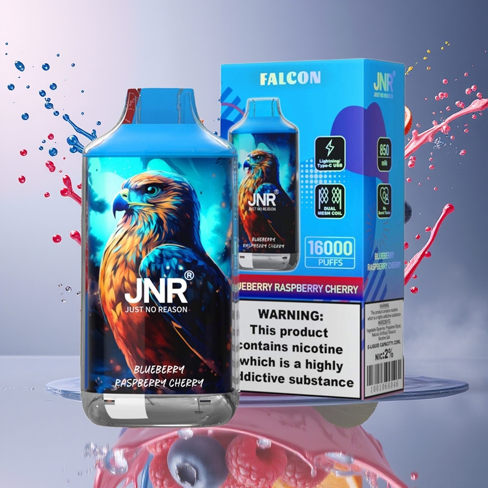 JNR Falcon 16000 Puffs 850mAh 22ml Dual Mesh Coil Type C Norge Engros Blåbær Bringebær Kirsebær