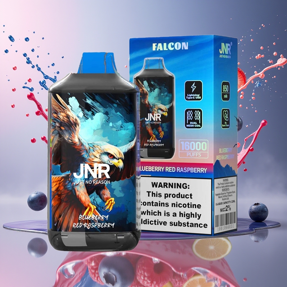 JNR Falcon 16000 Puffs Norge Engros 850mAh 22ml Dual Mesh Coil Blåbær Rød Bringebær
