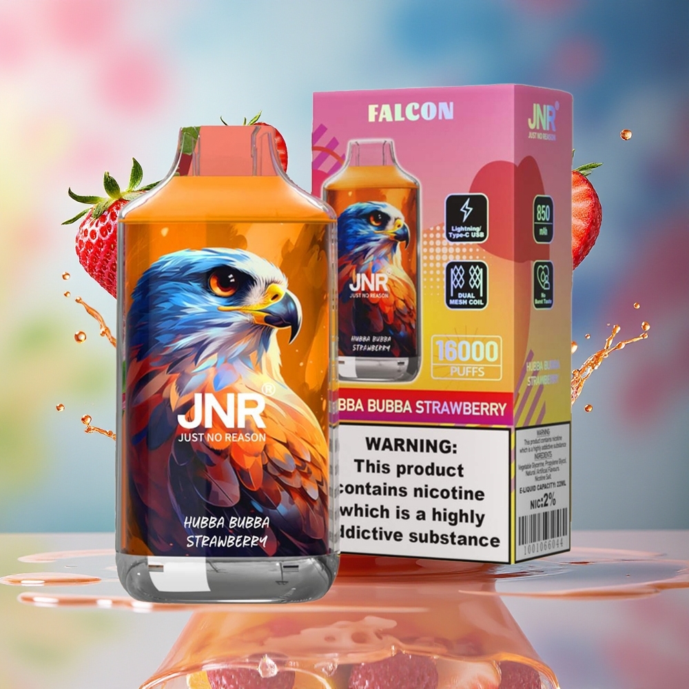 JNR Falcon 16000 Puffs Norge Engros 850mAh 22ml Dual Mesh Coil Type C LED Hubba Bubba Jordbær