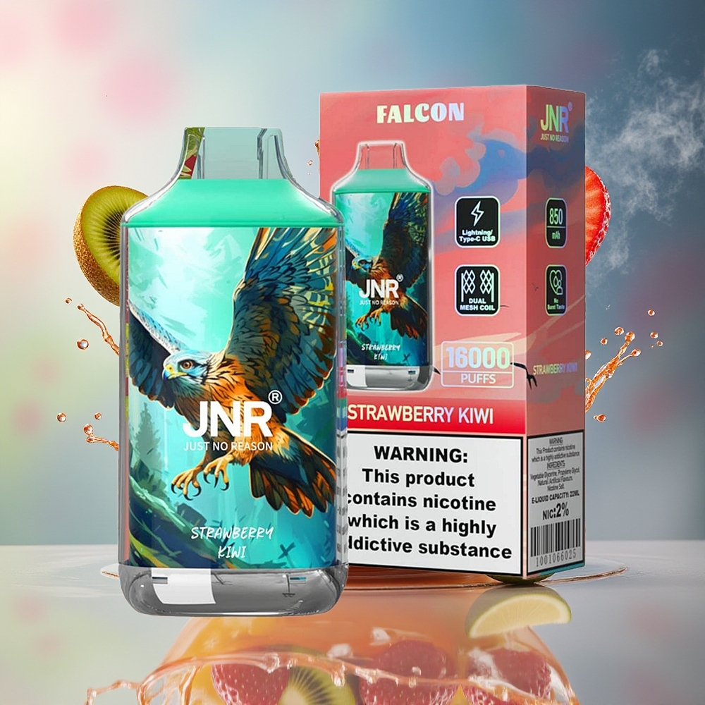 JNR Falcon 16000 Puffs Norge Engros 850mAh 22ml Dual Mesh Type C LED Jordbær Kiwi