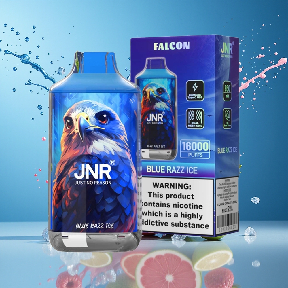 JNR Falcon 16000 Puffs Norge Engros Blå Bringebær Is 850mAh 22ml Dual Mesh Coil Type C LED