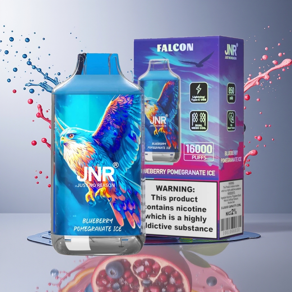 JNR Falcon 16000 Puffs Norge Engros Blåbær Granateis 850mAh 22ml Dual Mesh Coil Type C LED 0% 2%