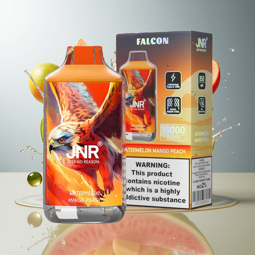 JNR Falkon 16000 Puffs 850mAh 22ml Dual Mesh Coil Type C & Lightning Smart LED 0%2% Norge Engros Vannmelon Mango Fersken