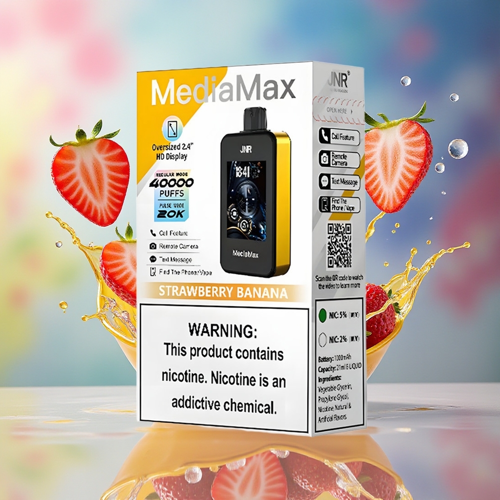 JNR MediaMax 40000 Puffs Norge Engros 21mL 5% Nikotin Jordbær Banan Type-C Lading 2.4'' Skjerm