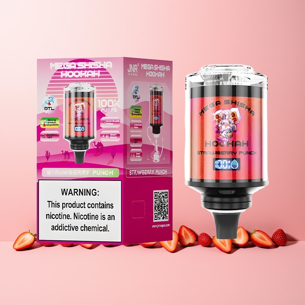 JNR Mega Shisha Hookah 100K Norge Engros Skjermbærte Type-C Lading Justerbar Luftstrøm Jordbærsmak