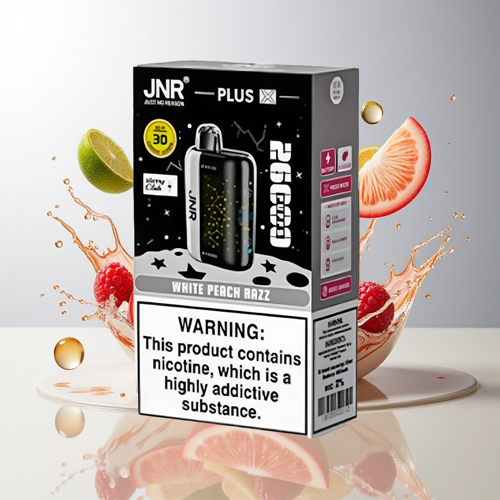 JNR Plus-X 26000 Puffs 850mAh 28ml 2% Dual Mesh Type-C 3D Skjerm Hvit Fersken Bringebær Norge Engros