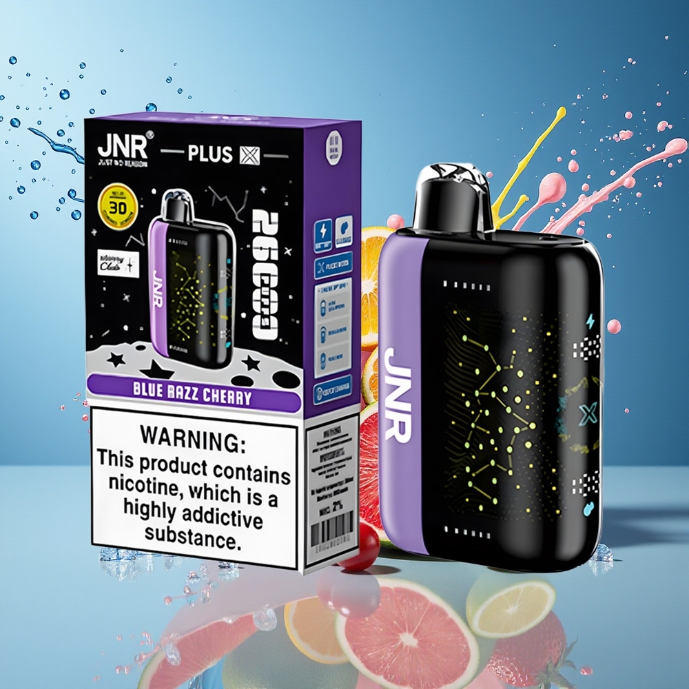 JNR Plus-X 26000 Puffs Norge Engros 850mAh 28ml 2% Blå Bjørnebær Dual Mesh Coil Type-C 3D Skjerm