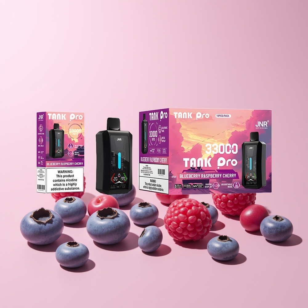 JNR Tank Pro 33000 Puffs Norge Engros 28ml Digital Dual Mesh Blåbær Bringebær Kirsebær