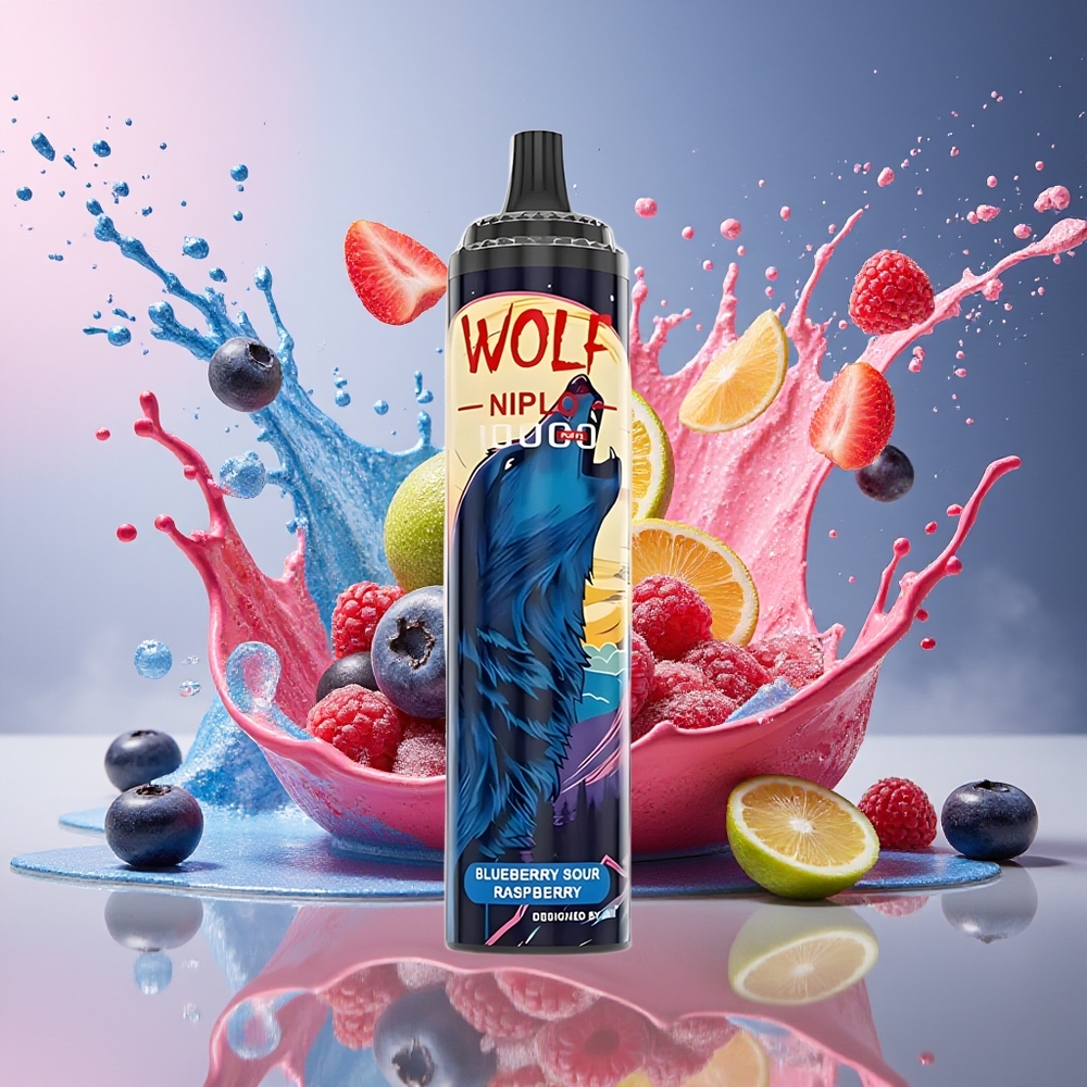 JNR Wolf Niplo 10000 Puffs Norge Engros 1.0 Ohm Mesh 650mAh 20ml Type-C Blåbær Sur Bringebær