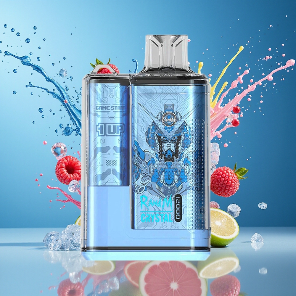 RandM Fumot Crystal 12000 Puffs Engangs Vape Blå Bringebær Is Norge Engros med 20ml e-Liquid og RGB Lys